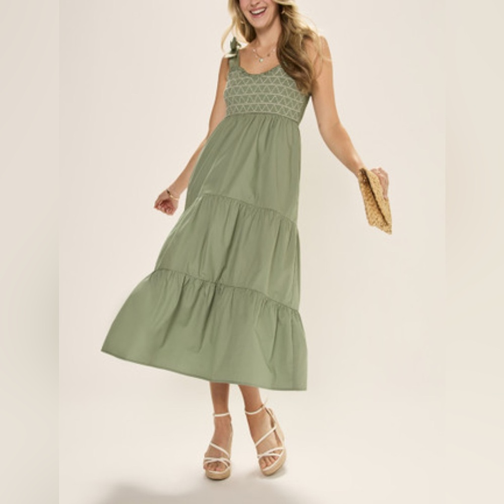 Trixxi Olive Green Smocked Midi Dress